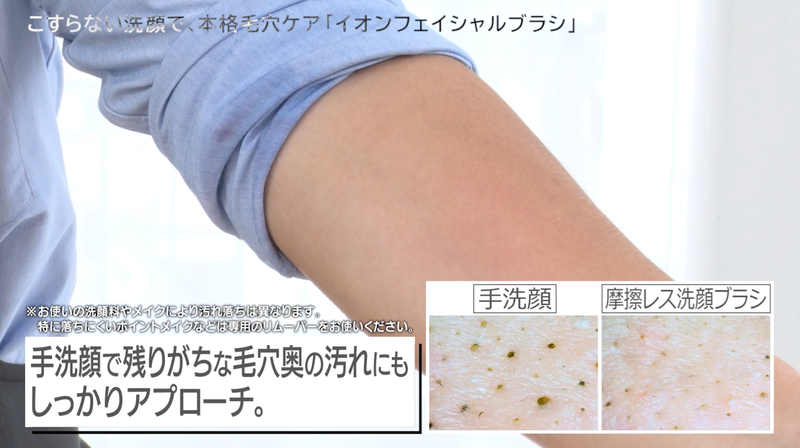 摩擦レス洗顔ブラシで浮いたメイク汚れを拭き取ったあとのレジェンド松下さんの腕と毛穴比較イメージ写真