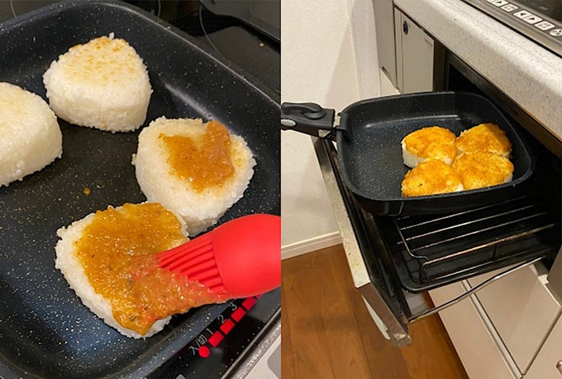 味噌をおにぎりに塗りグリルで焼く写真