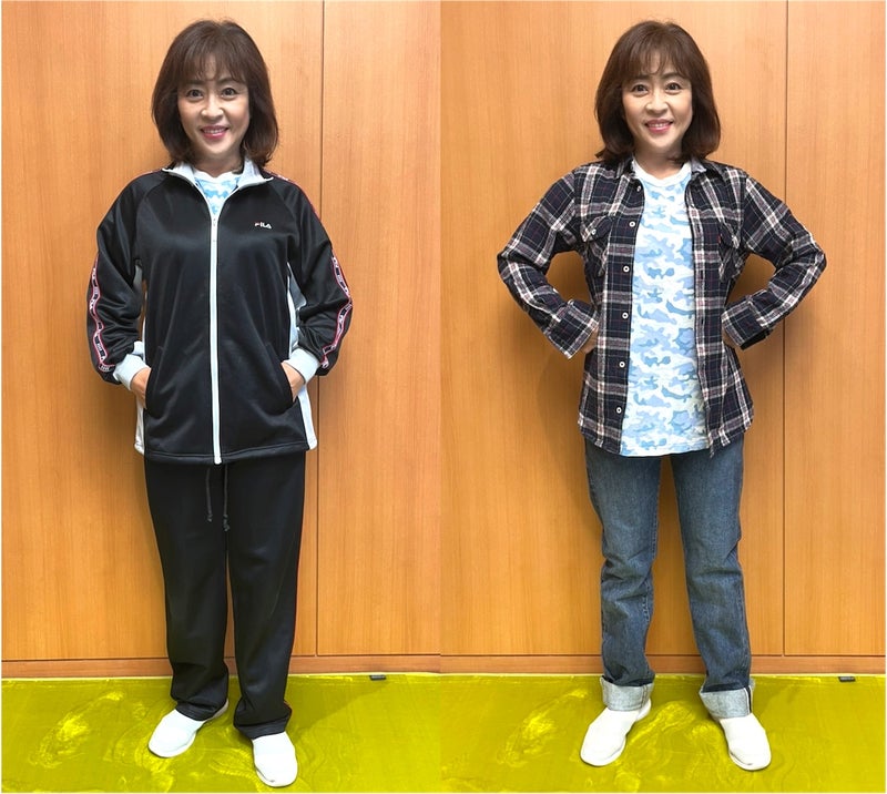 息子さんのお下がりを着る松本さんの写真