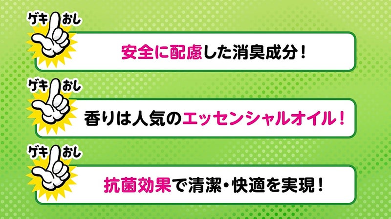 ゲキおしポイントまとめ　1.安全に配慮した消臭成分　2.香りは人気のエッセンシャルオイル　3.抗菌効果で清潔・快適を実現