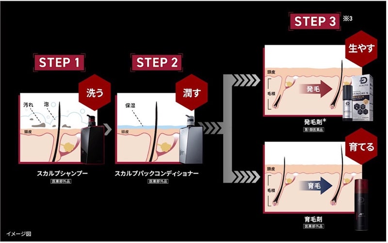 【画像】「洗う→潤す→生やす・育てる」3ステップの図解