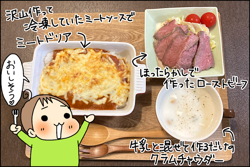 ローストビーフ、ミートドリア、クラムチャウダーが並んだトレイの写真と男の子のイラスト